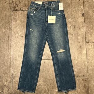 DL1961 High Rise Vintage Straight Leg Blue Denim Jeans with Distressed Details